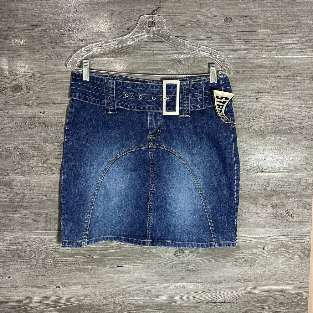 Vintage 90s Y2K Quick Denim Thick Belted Stretch Skirt Size 7 NWT